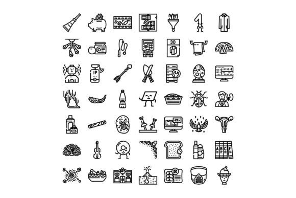 Collection of Assorted Line Art Icons and Assortment of Linear Graphic Design Icons