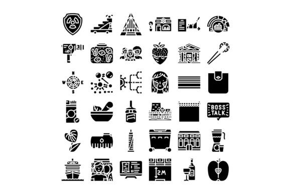 Diverse Glyph Icons Representing Various Themes for Real-World Digital Work