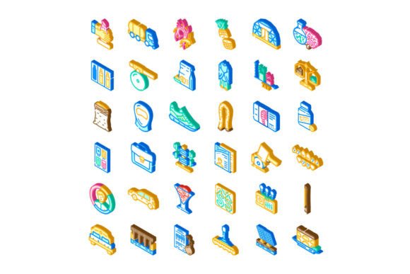 Isometric Icons Set Illustrating Various Commerce, Healthcare, Education, Logistics, Agriculture, and Manufacturing Sectors